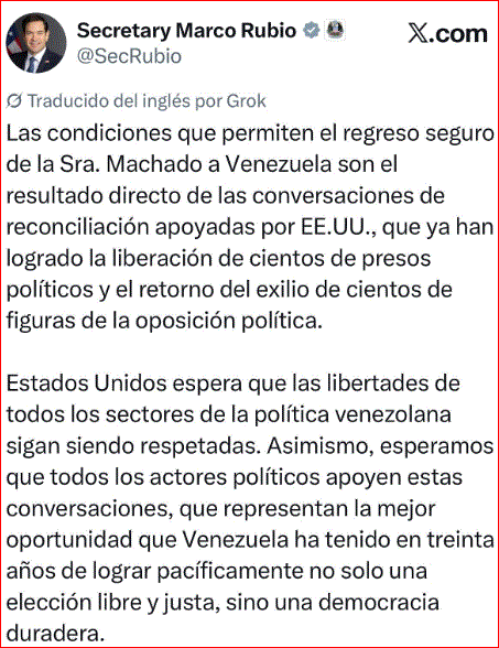 Marco Rubio tras el regreso de Maria Corina a Venezuela