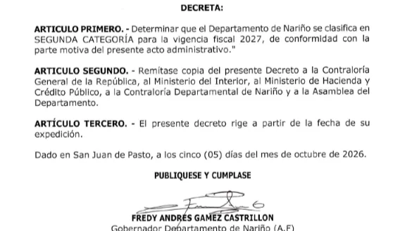 Nariño baja de categoría fiscal para 2027.